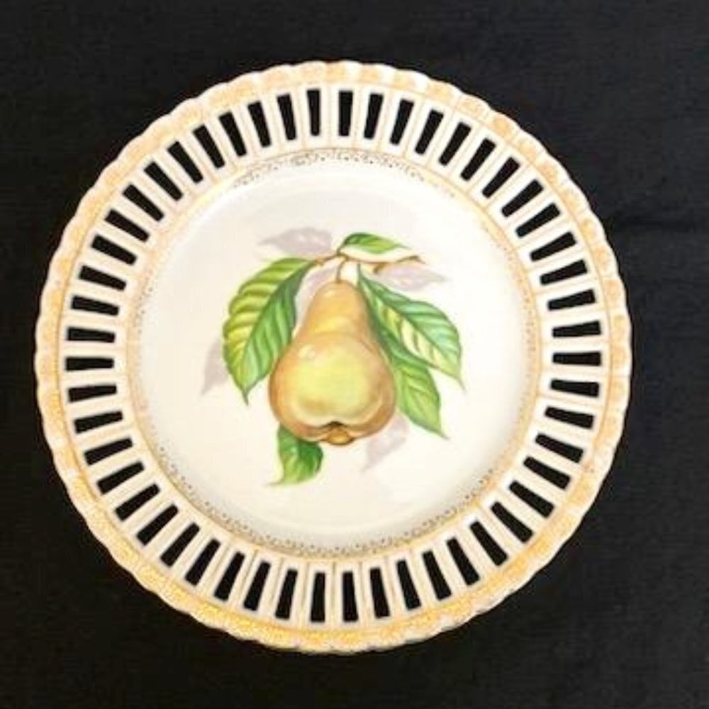 Vintage‎ Ucagco Porcelain Ceramic Fruit Plate Pear Reticulated Gilded Japan